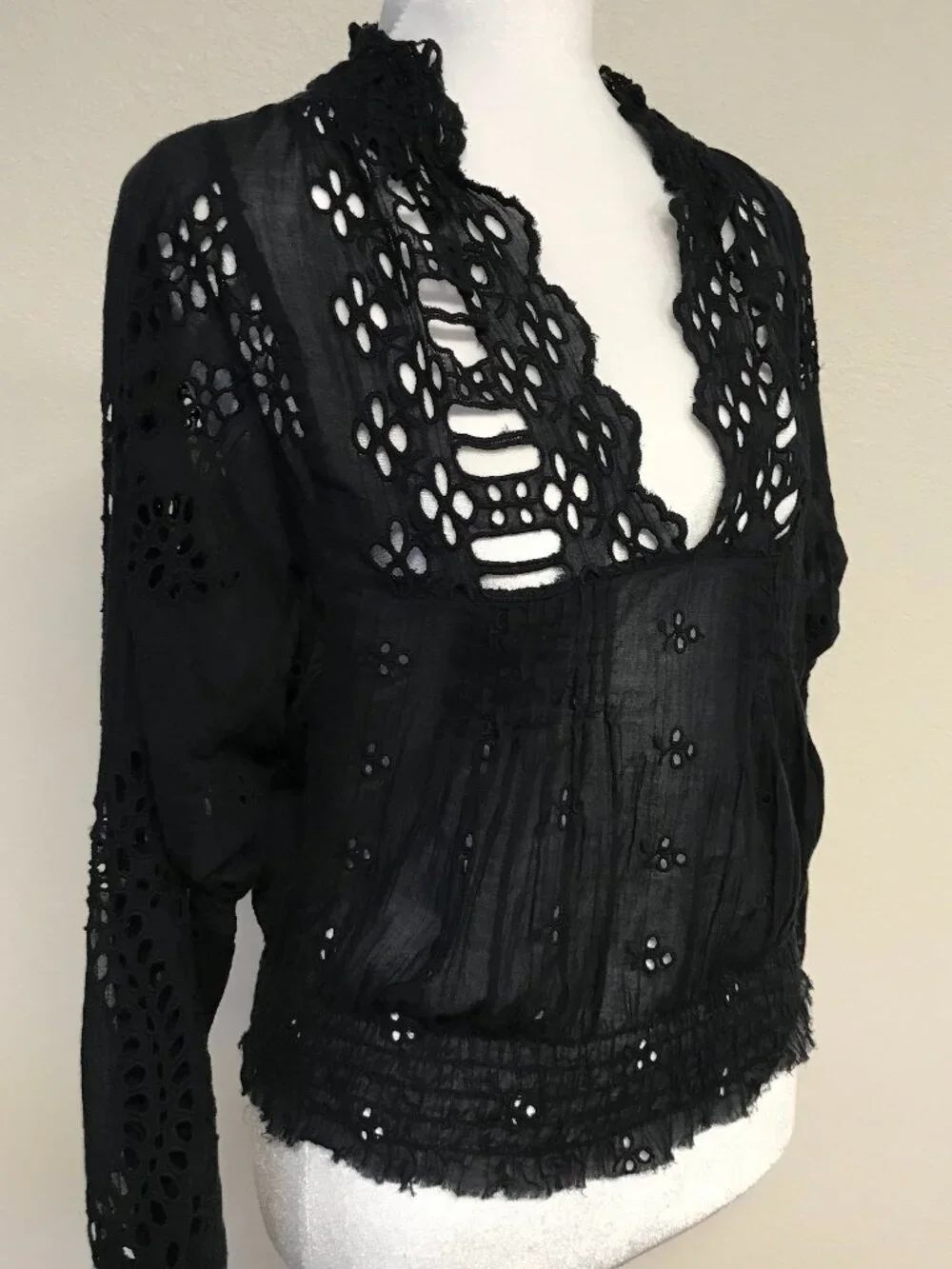 FP One Free People Black Eyelet Lace Boho Peasant Top XS Cotton Smocked Waist